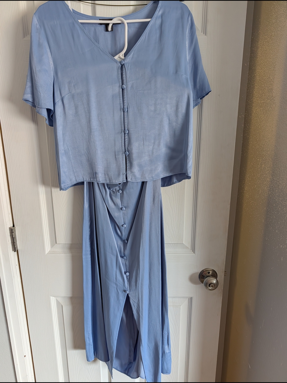 Rare Primark Silk Light Blue Button-Front Top and Skirt Set